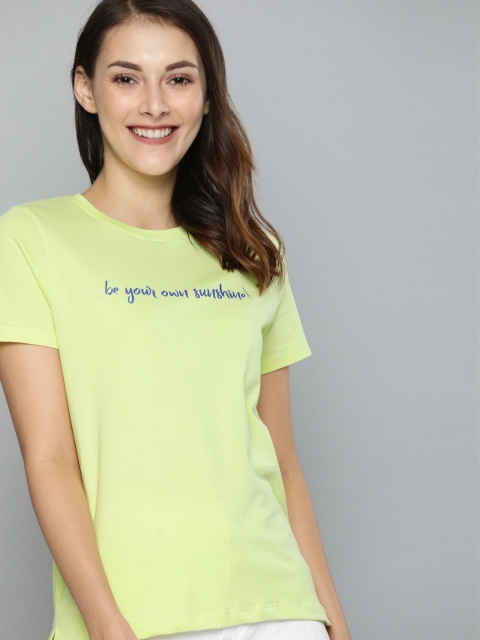 

Mast & Harbour Women Yellow Solid Round Neck T-shirt with Printed Detail