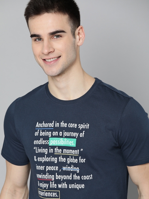 

Mast & Harbour Men Navy Blue & White Printed Cotton Round Neck T-shirt