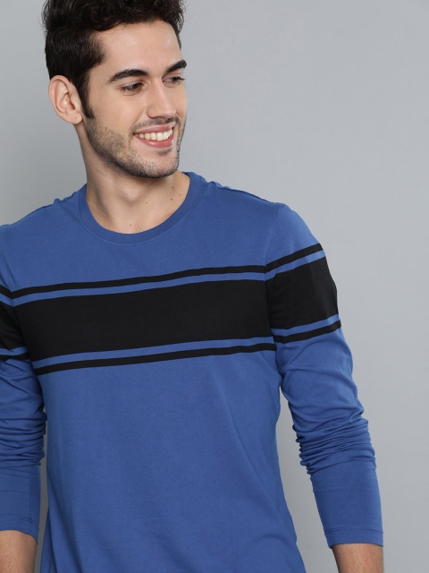 

Mast Harbour Men Blue Black Striped Round Neck Pure Cotton T-shirt