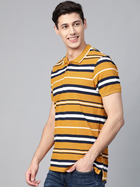 

Mast Harbour Men Mustard Yellow Black Striped Polo Collar Pure Cotton T-shirt