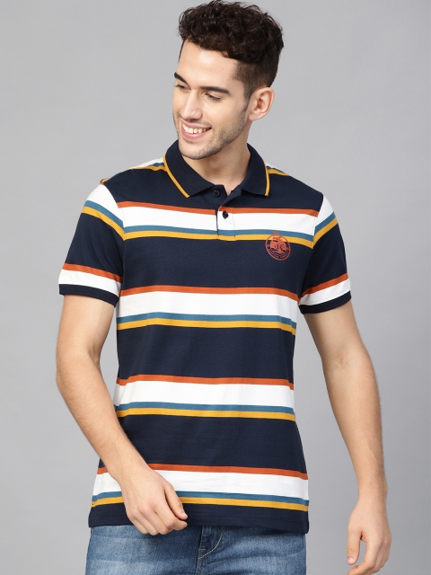 

Mast Harbour Men Navy Blue White Striped Polo Collar Pure Cotton T-shirt