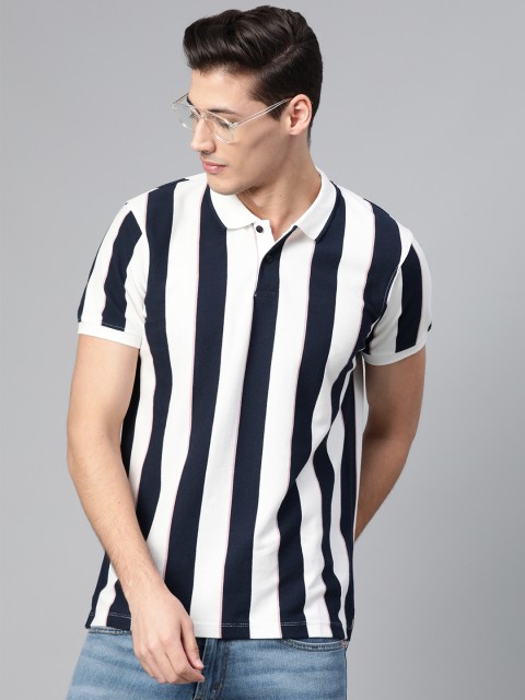 

Mast & Harbour Men Navy Blue & White Striped Polo Collar T-shirt