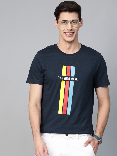 

Mast & Harbour Men Navy Blue & Yellow Printed Round Neck T-shirt