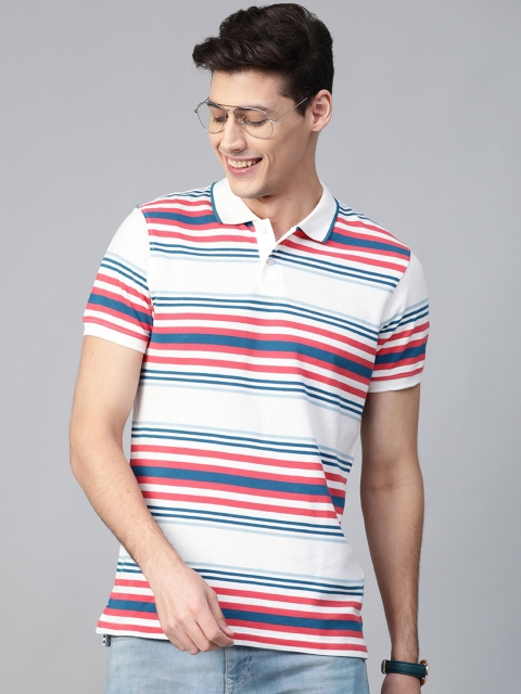

Mast & Harbour Men White & Blue Striped Polo Collar T-shirt