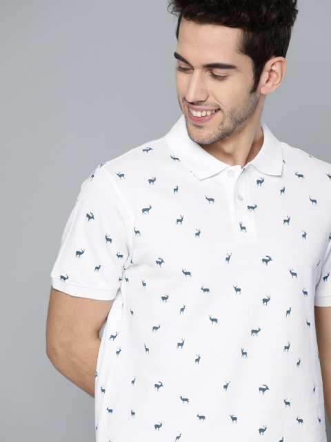 

Mast & Harbour Men White & Teal Blue Reindeer Print Polo Collar T-shirt