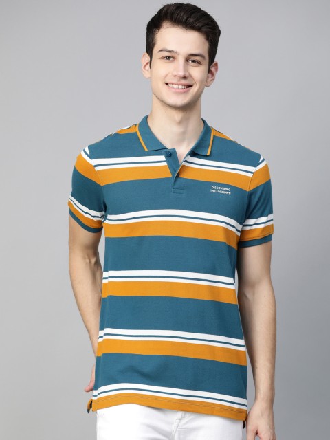 

Mast & Harbour Men Teal Blue & Mustard Yellow Striped Polo Collar T-shirt