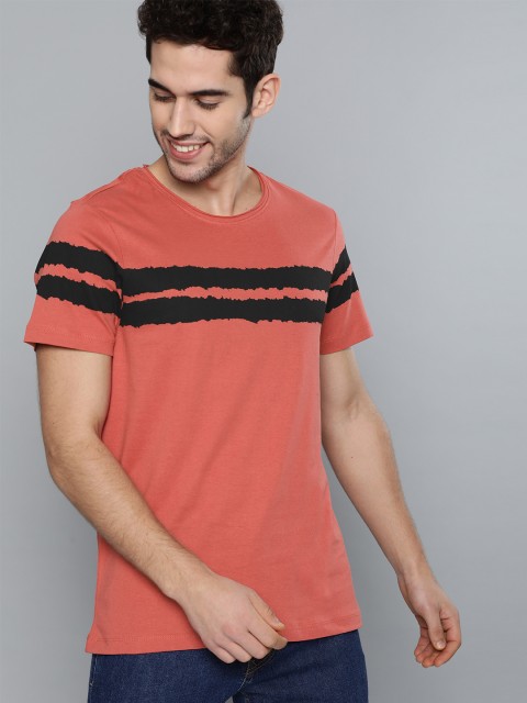

Mast & Harbour Men Rust Red & Black Striped Detail Round Neck T-shirt