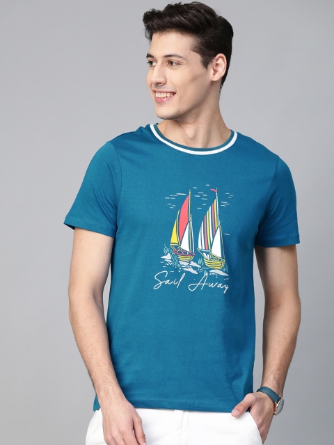 

Mast & Harbour Men Teal Blue Printed Round Neck T-shirt
