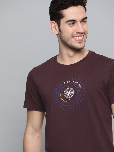 

Mast & Harbour Men Burgundy & Blue Graphic Printed Round Neck T-shirt