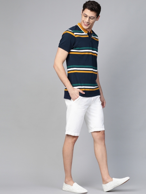 

Mast & Harbour Men Navy Blue & Mustard Yellow Multi Striped Polo Collar T-shirt