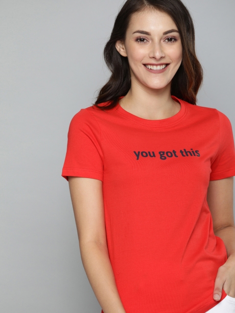 

Mast & Harbour Women Red Solid Round Neck T-shirt with Printed Detail