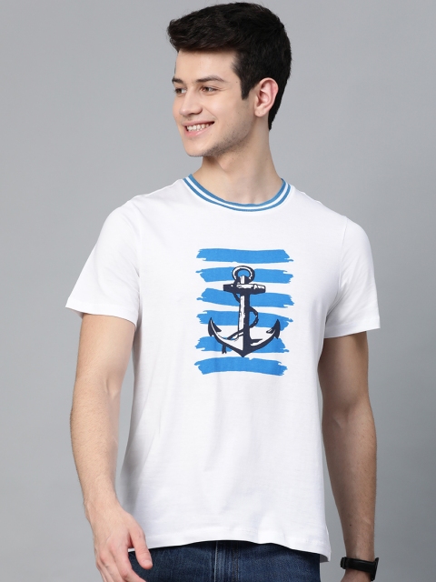 

Mast & Harbour Men White & Blue Printed Round Neck T-shirt