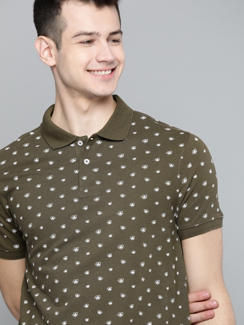 

Mast & Harbour Men Olive Green & White Printed Polo T-shirt
