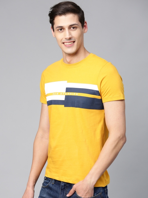 

Mast & Harbour Men Mustard Yellow & Navy Blue Printed Round Neck T-shirt
