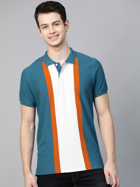 

Mast & Harbour Men Teal Blue & White Colourblocked Polo Collar T-shirt