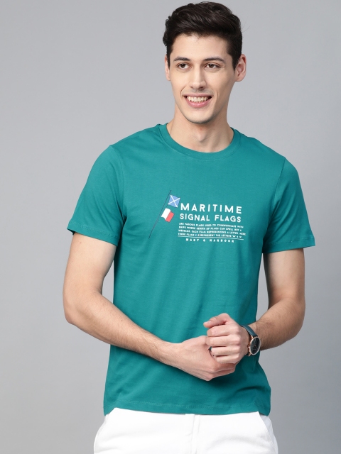 

Mast Harbour Men Green White Printed Round Neck Pure Cotton T-shirt