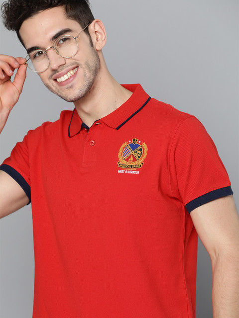

Mast & Harbour Men Red Pure Cotton Solid Polo Collar T-shirt With Applique Detail