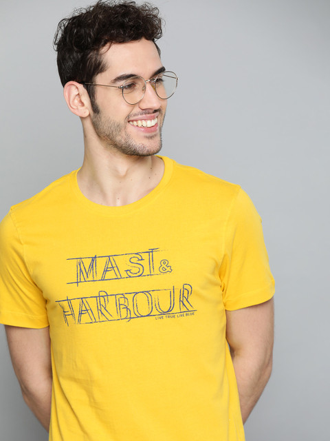 

Mast & Harbour Men Mustard Yellow Brand Logo Print Round Neck Pure Cotton T-shirt