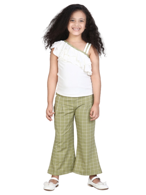 Girls Green & White Solid Top with Palazzos