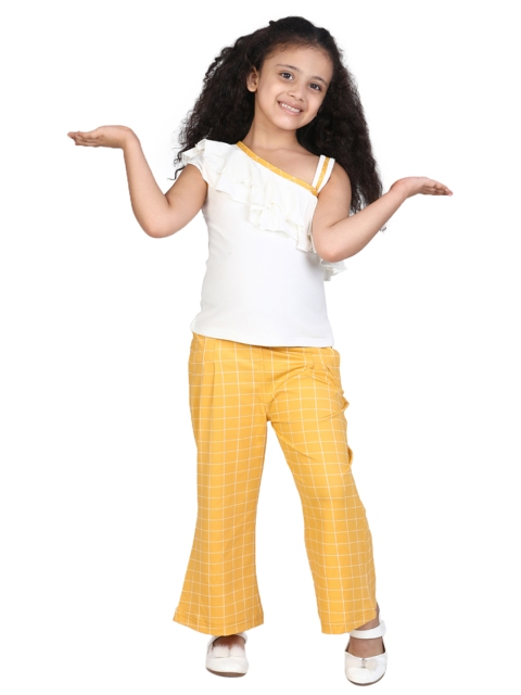 Girls Off-White & Mustard Yellow Solid Co-Ord Set