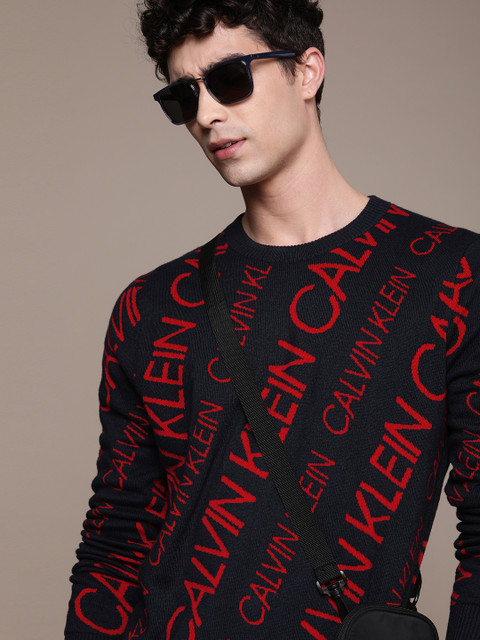 

Calvin Klein Jeans Men Navy Blue & Red Typography Printed Pullover Sweater