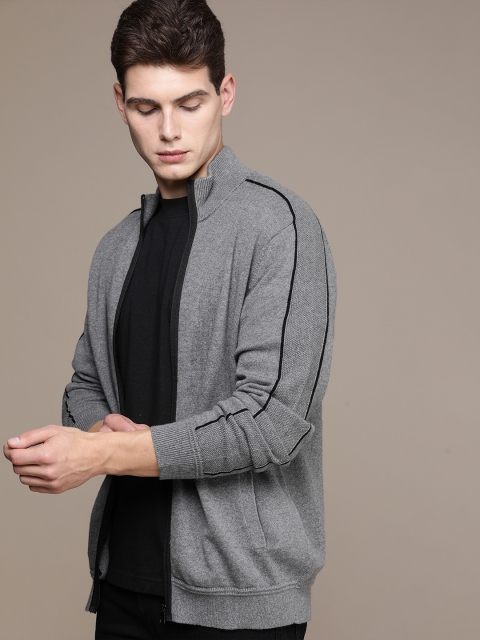

Calvin Klein Jeans Men Grey Mock-Collar Front-Open Sweater With Side Stripes