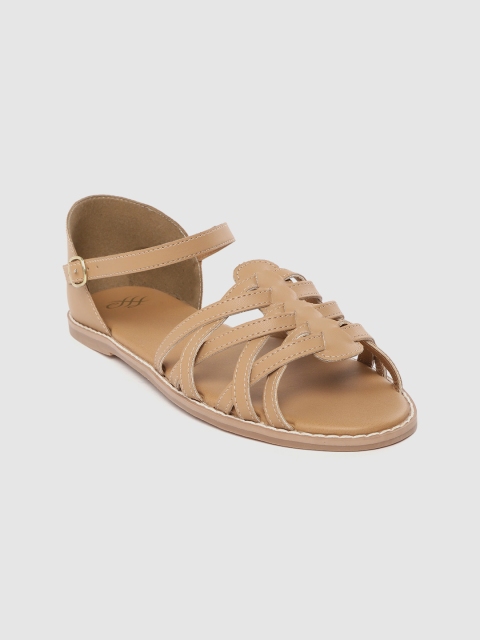 

House of Pataudi Women Beige Criss-Cross Open Toe Flats