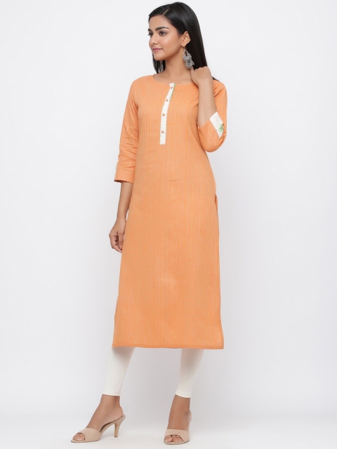 

Silai Bunai Women Orange & Off-White Striped Straight Kurta