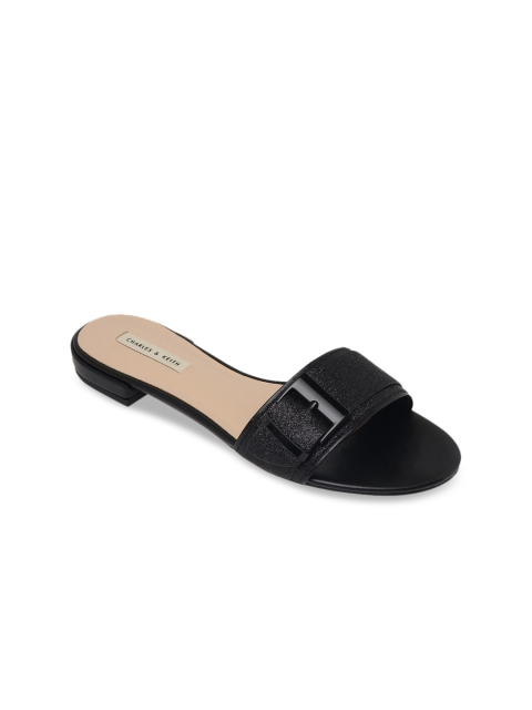

CHARLES & KEITH Women Black Textured Open Toe Flats