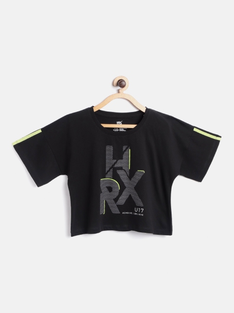 

HRX by Hrithik Roshan Girls Black Print Antimicrobial Bio-Wash Bio-Wash Lifestyle T-shirt