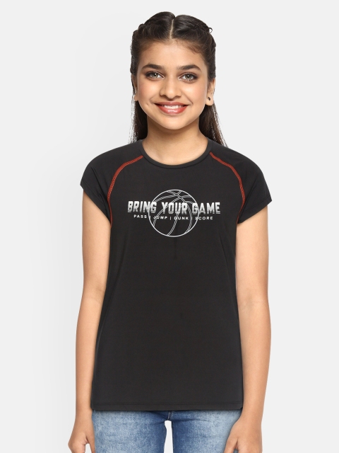 

HRX by Hrithik Roshan Girls Jet Black Printed Antimicrobial Rapid-Dry Lycra Active T-shirt