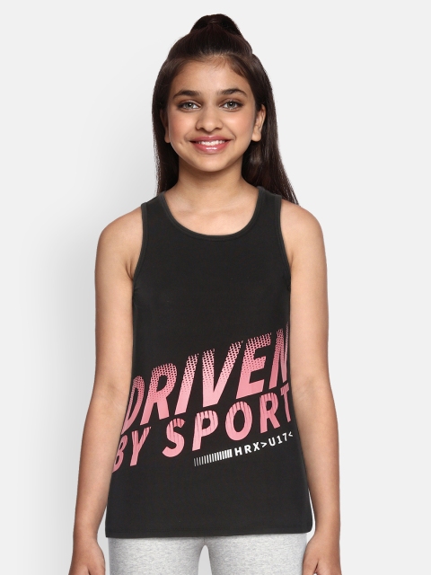 

HRX by Hrithik Roshan Girls Jet Black Typographic Slim Fit Rapid-Dry Lycra Active Tank Top