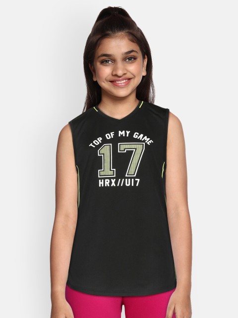 HRX by Hrithik Roshan Girls Jet Black Typographic Antimicrobial Rapid-Dry Active T-shirt