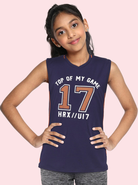 

HRX by Hrithik Roshan Girls Eclipse Typographic Antimicrobial Rapid-Dry Basketball T-shirt, Navy blue