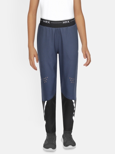 

HRX by Hrithik Roshan Boys Blues Colourblocked Slim Fit Rapid-Dry Lycra Active Track Pants, Navy blue