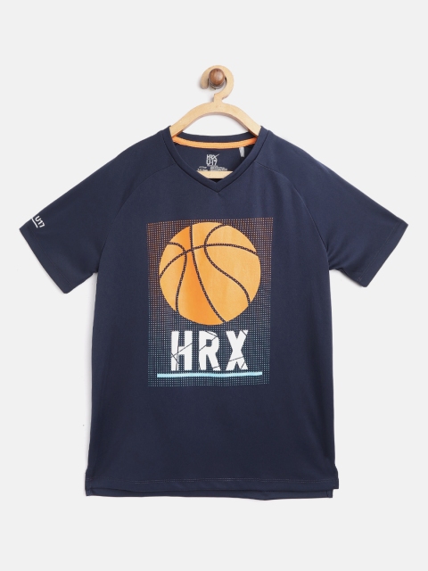 

HRX by Hrithik Roshan Boys Dress Blues Printed Antimicrobial Rapid-Dry Active T-shirt, Navy blue