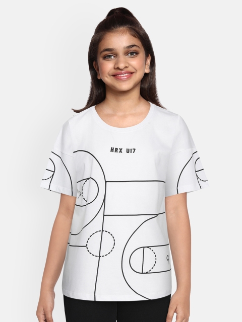 

HRX by Hrithik Roshan Girls White Printed Antimicrobial Bio-Wash Lifestyle Pure Cotton T-shirt
