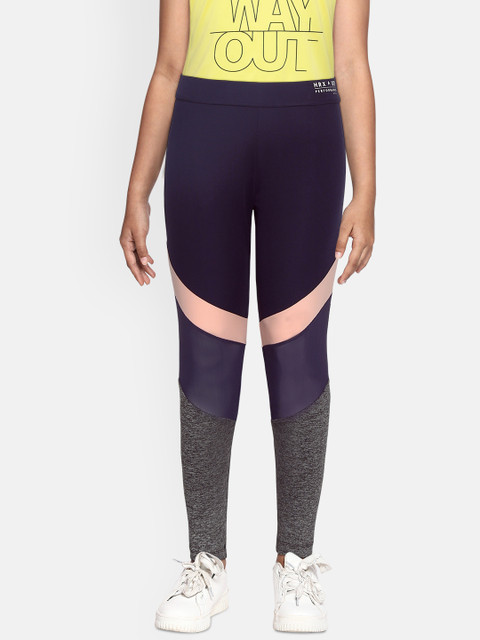 

HRX by Hrithik Roshan Girls Eclipse Melba Colourblocked Rapid-Dry Lycra Active Tights, Navy blue