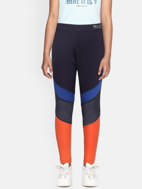 

HRX by Hrithik Roshan Girls Eclipse & Skydriver Colourblocked Rapid-Dry Active Tights, Navy blue