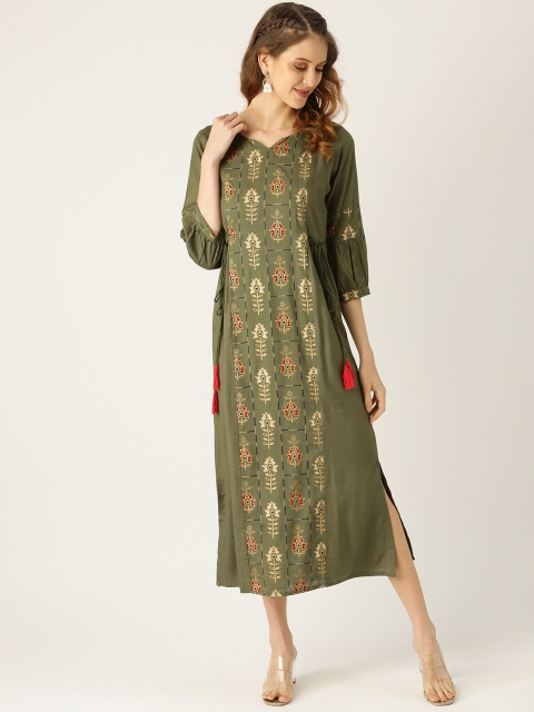 

Nayo Women Olive Green & Golden Printed Maxi Dress