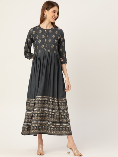 

Nayo Women Charcoal Grey & Golden Printed Maxi Dress