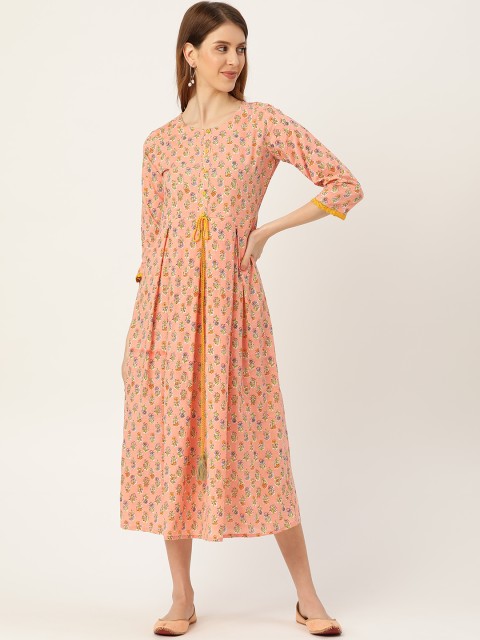 

Nayo Women Peach-Coloured & Green Printed Midi Dress
