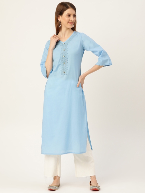 

Nayo Women Blue Yoke Design Straight Kurta