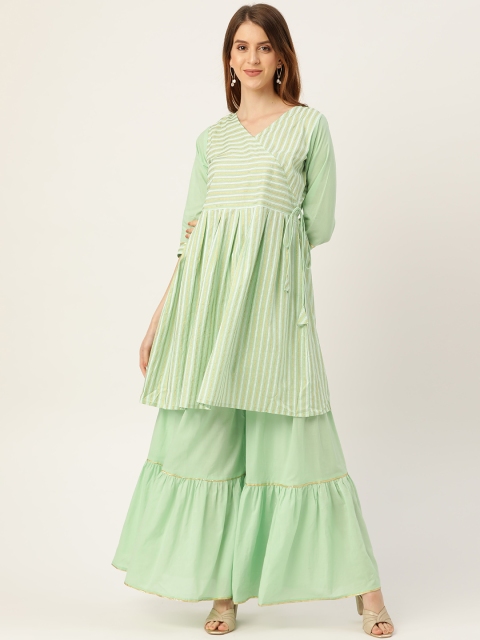 

Nayo Women Sea Green & White Striped Angrakha Kurta with Sharara