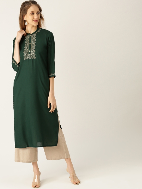 

Nayo Women Green Embroidered Yoke Design Straight Kurta