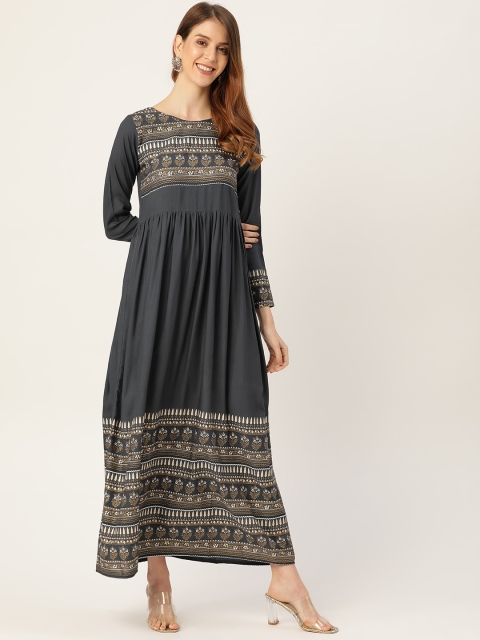 

Nayo Women Charcoal Grey & Golden Printed Maxi Dress