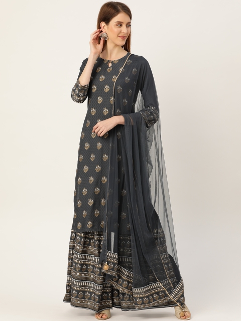 

Nayo Women Charcoal Grey & Golden Printed Kurta with Sharara & Dupatta