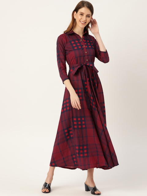 

Nayo Women Navy & Red Checked Maxi Shirt Dress, Navy blue