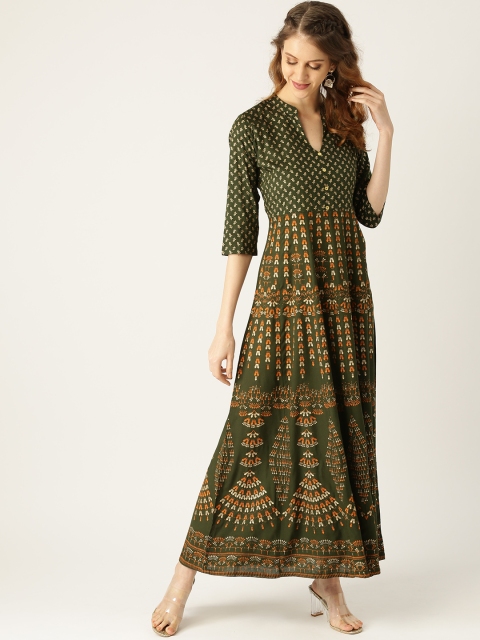 

Nayo Women Olive Green & Golden Printed Maxi Dress