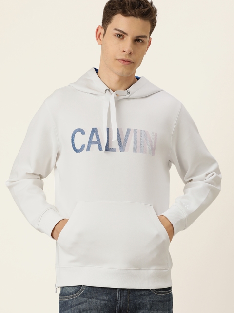 

Calvin Klein Jeans Men White Brand Logo Printed Hooded Pullover Sweatshirt